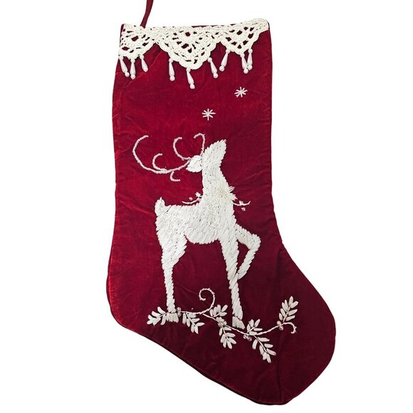 Pima Other - Red Velvet Christmas Stocking 18" handsewn ribbon reindeer lace beaded 2003 vtg